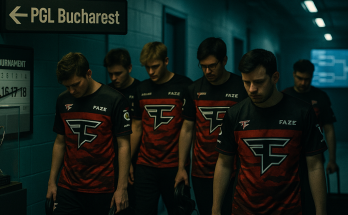 Backstage at an esports arena, FaZe players in red-black jerseys pass signs for HLC