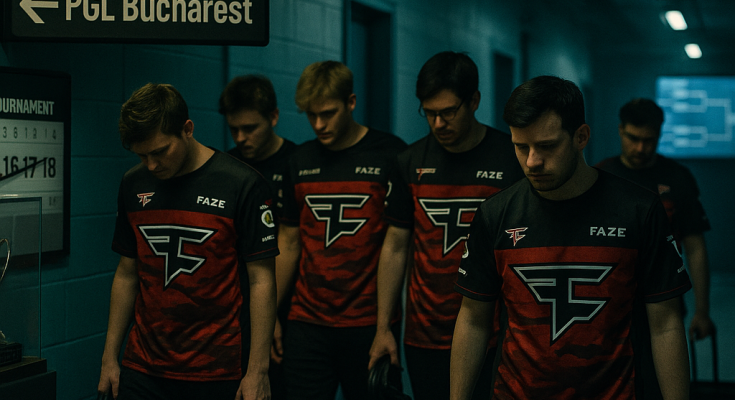 Backstage at an esports arena, FaZe players in red-black jerseys pass signs for HLC
