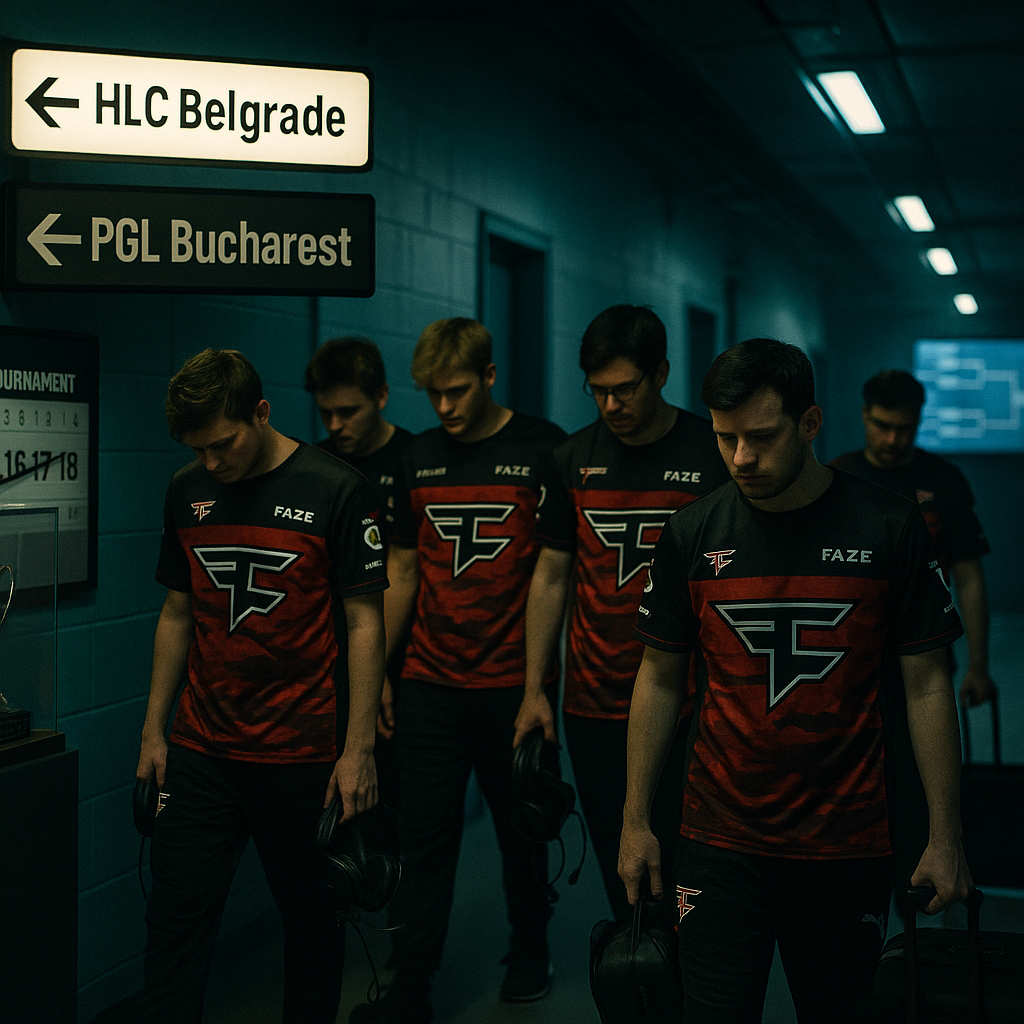 Backstage at an esports arena, FaZe players in red-black jerseys pass signs for HLC