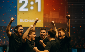 Esports arena in Bucharest lit in Romanian colors as a neutral-jersey team celebrates a