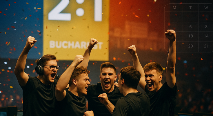 Esports arena in Bucharest lit in Romanian colors as a neutral-jersey team celebrates a