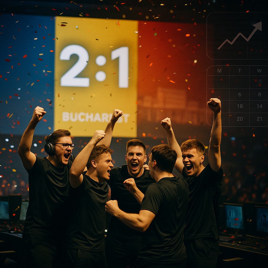 Esports arena in Bucharest lit in Romanian colors as a neutral-jersey team celebrates a